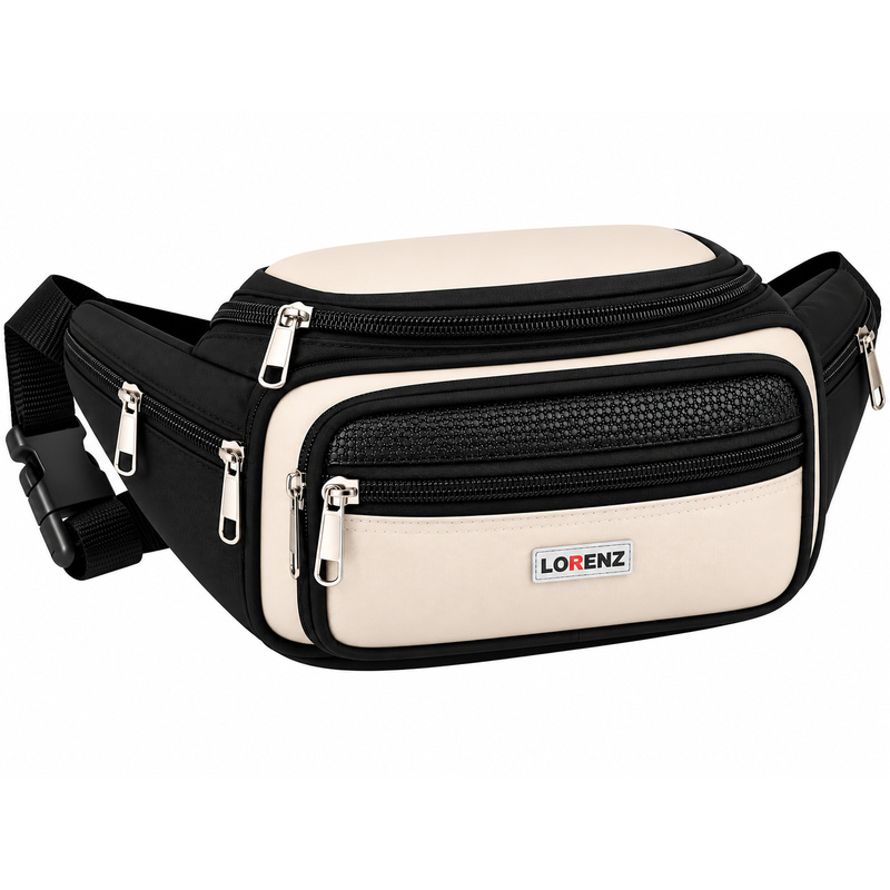 8046 Black/Beige Mulit Zip Bumbag-7 Zips & 2 Frnt Pouches (New) (image for) 8046 Black/Beige Mulit Zip Bumbag-7 Zips & 2 Frnt Pouches (New)