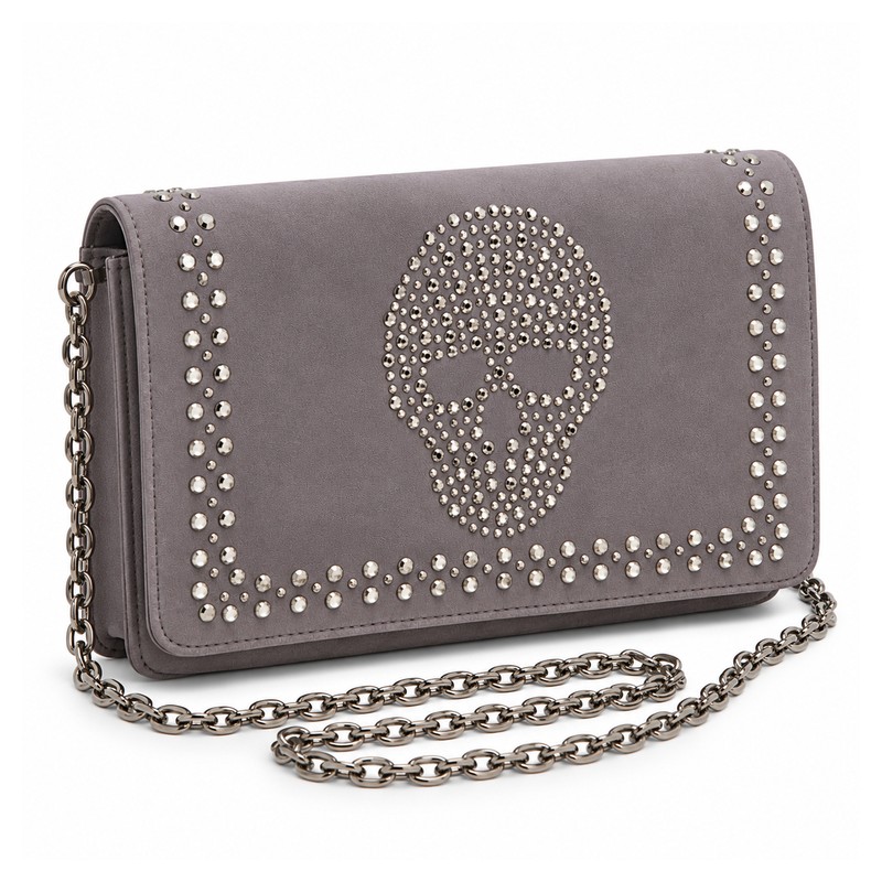 49P69K Grey Diamante Skull Clutch Bag with Chain Strap (image for) 49P69K Grey Diamante Skull Clutch Bag with Chain Strap